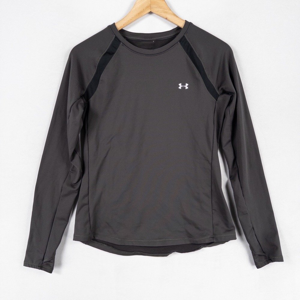 Under Armour Top Womens Small Dark Gray Silver Spell Out Back Active Heavyweight